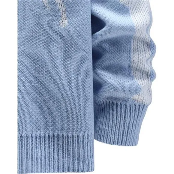 Men's V-Neck Skeleton Print Long Sleeve Cardigan Sweater, Light Blue