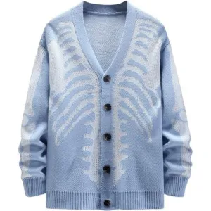 Men's V-Neck Skeleton Print Long Sleeve Cardigan Sweater, Light Blue