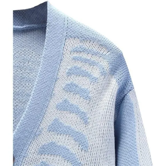 Men's V-Neck Skeleton Print Long Sleeve Cardigan Sweater, Light Blue