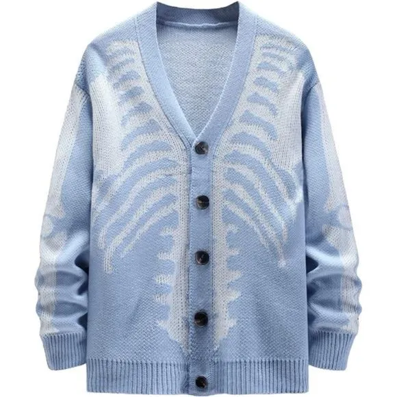 Men's V-Neck Skeleton Print Long Sleeve Cardigan Sweater, Light Blue