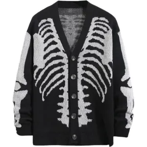 Men's V-Neck Skeleton Print Long Sleeve Cardigan Sweaters, Black