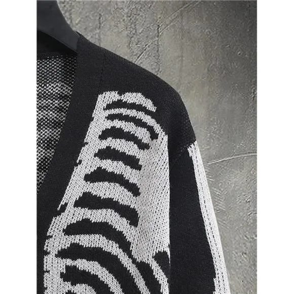 Men's V-Neck Skeleton Print Long Sleeve Cardigan Sweaters, Black