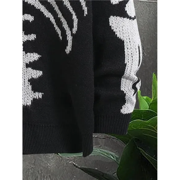 Men's V-Neck Skeleton Print Long Sleeve Cardigan Sweaters, Black