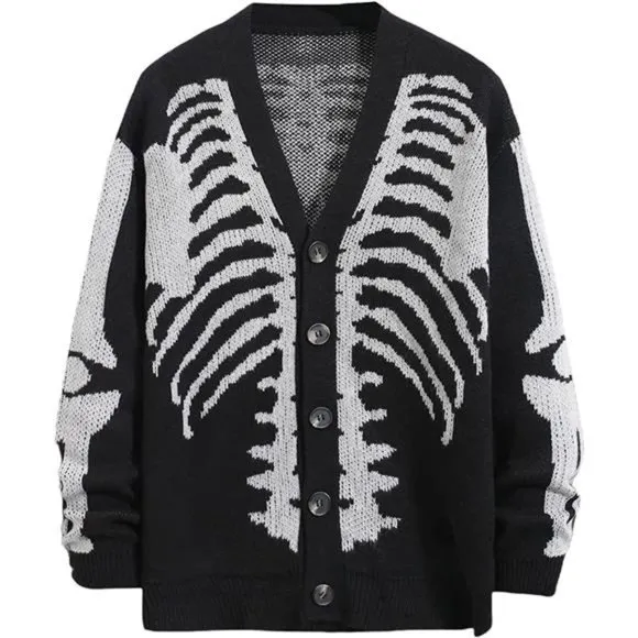 Men's V-Neck Skeleton Print Long Sleeve Cardigan Sweaters, Black
