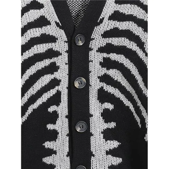 Men's V-Neck Skeleton Print Long Sleeve Cardigan Sweaters, Black