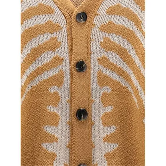 Men's V-Neck Skeleton Print Long Sleeve Cardigan Sweaters, Camel