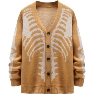 Men's V-Neck Skeleton Print Long Sleeve Cardigan Sweaters, Camel