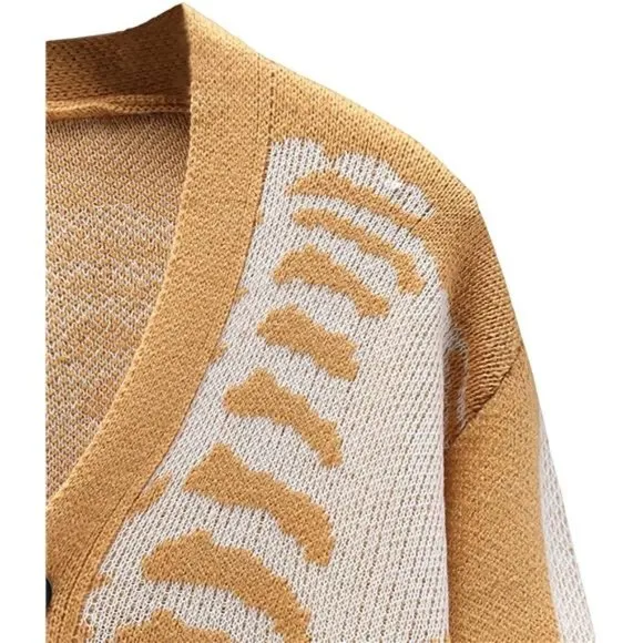 Men's V-Neck Skeleton Print Long Sleeve Cardigan Sweaters, Camel