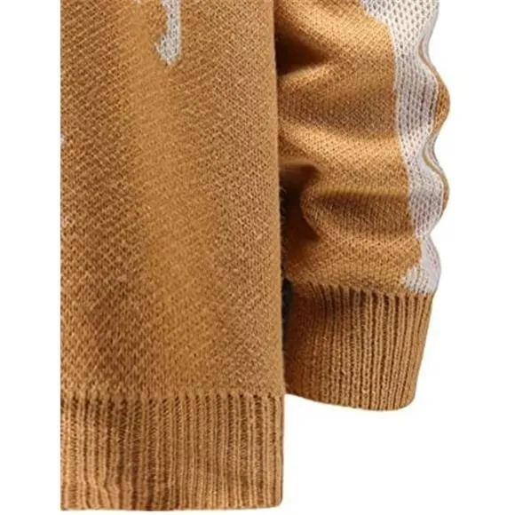 Men's V-Neck Skeleton Print Long Sleeve Cardigan Sweaters, Camel