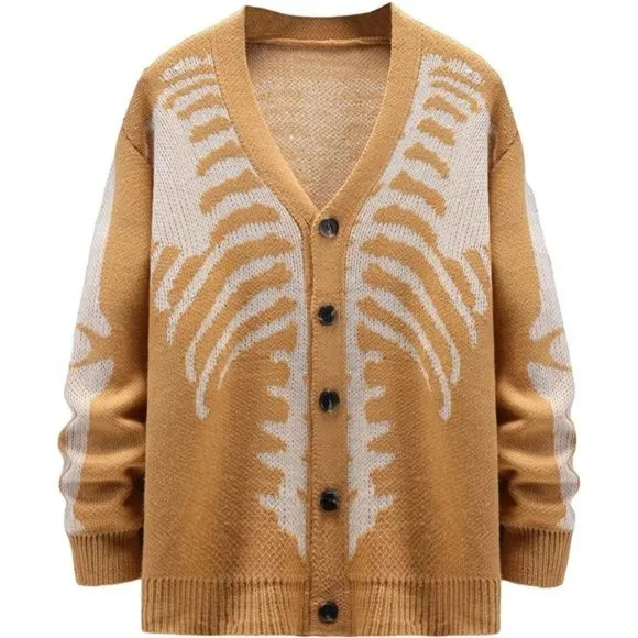 Men's V-Neck Skeleton Print Long Sleeve Cardigan Sweaters, Camel