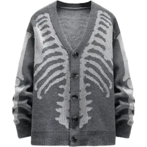Men's V-Neck Skeleton Print Long Sleeve Cardigan Sweaters, Dark Gray