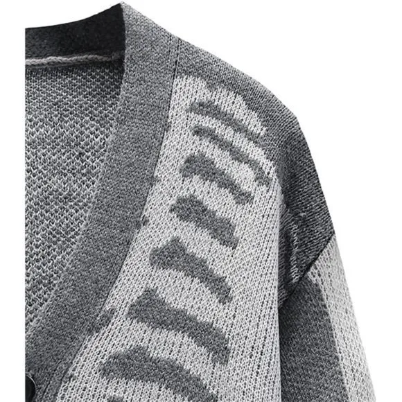 Men's V-Neck Skeleton Print Long Sleeve Cardigan Sweaters, Dark Gray