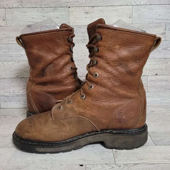 Men's Wolverine Herrin Western Brown Leather Soft Toe Lace Up Work Boots Size 9