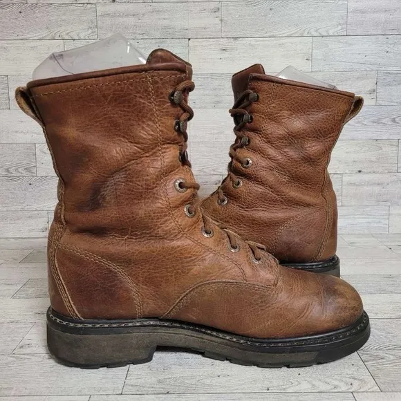Men's Wolverine Herrin Western Brown Leather Soft Toe Lace Up Work Boots Size 9