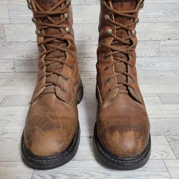 Men's Wolverine Herrin Western Brown Leather Soft Toe Lace Up Work Boots Size 9