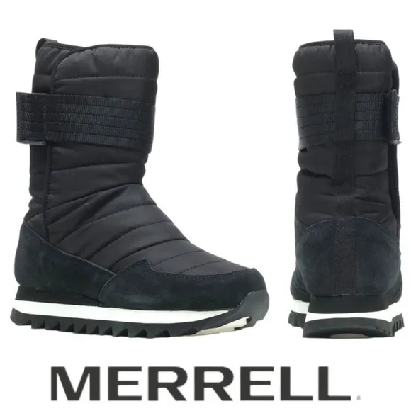 MERRELL Alpine Tall Strap Polar Waterproof Boots in Black.