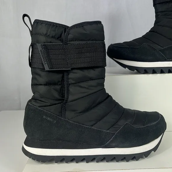 MERRELL Alpine Tall Strap Polar Waterproof Boots in Black.
