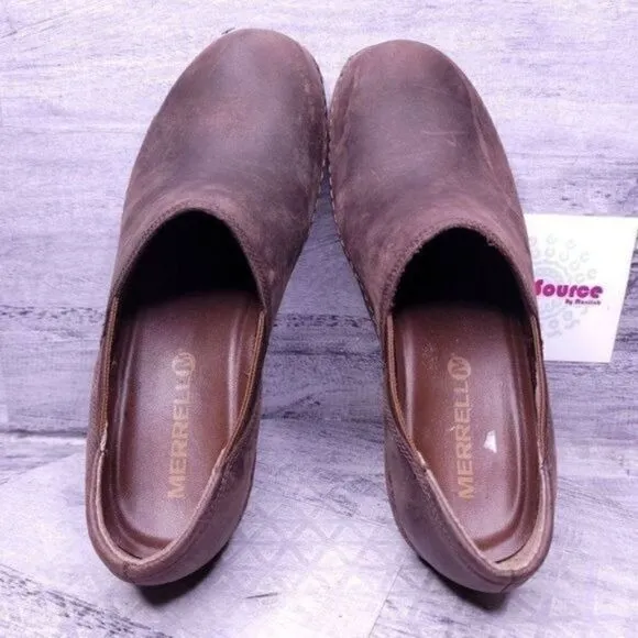 Merrell Emma Slip on Leather Wedge Loafer Clog Brunette Brown Women's sz 8.5