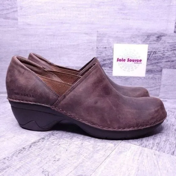 Merrell Emma Slip on Leather Wedge Loafer Clog Brunette Brown Women's sz 8.5