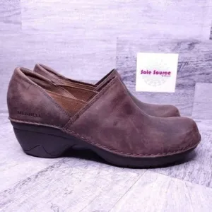 Merrell Emma Slip on Leather Wedge Loafer Clog Brunette Brown Women's sz 8.5