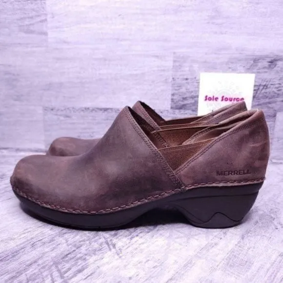 Merrell Emma Slip on Leather Wedge Loafer Clog Brunette Brown Women's sz 8.5