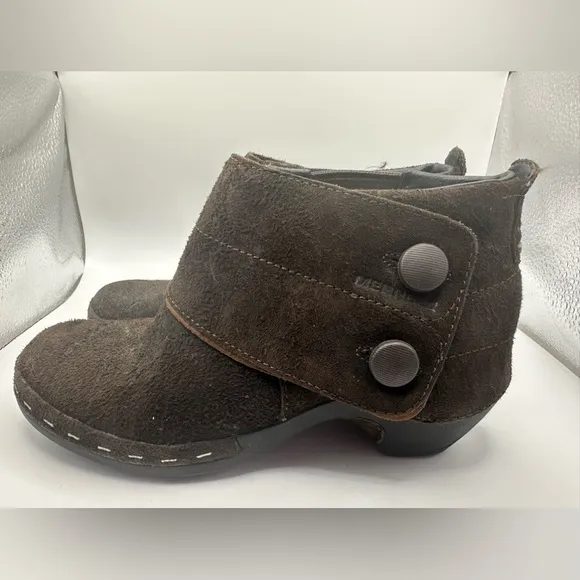MERRELL Luxe Button Espresso Brown Suede Ankle Boots Clogs Heels Women’s 8.5