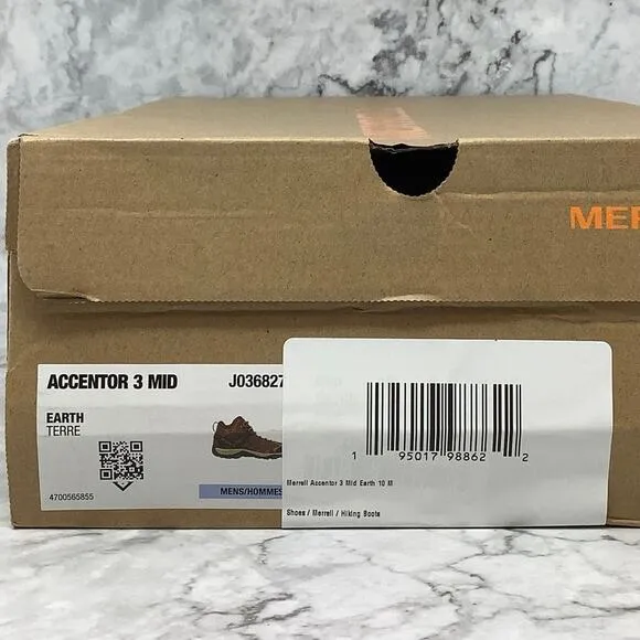 Merrell Size 10 Earth Black Accentor 3 Mid Hiking Boots Waterproof Lace Up P25-5