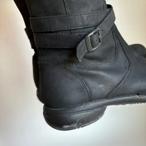Merrell Womens Black Leather Zip Up Captiva Strap Casual Waterproof Boots Size 9