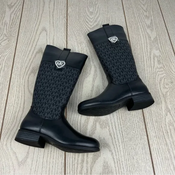 Michael Kors Big Girls Finley Heart Logo Tall Shaft Boots Multi Size Black $69
