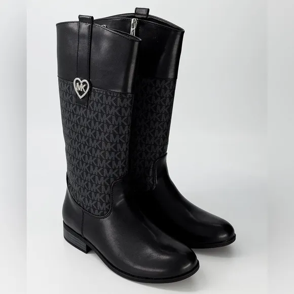 Michael Kors Big Girls Finley Heart Logo Tall Shaft Boots Multi Size Black $69