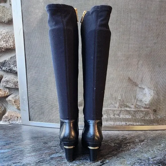 Michael Kors Black Tall Leather Wedge Boots With Gold Interior Zippers Size 5.5