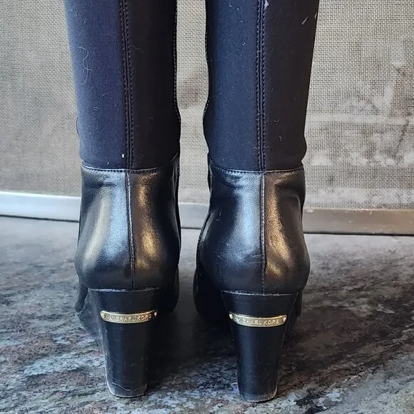 Michael Kors Black Tall Leather Wedge Boots With Gold Interior Zippers Size 5.5