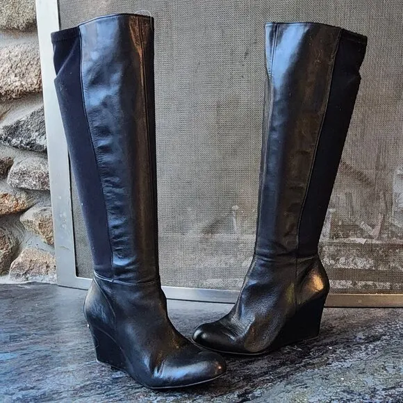 Michael Kors Black Tall Leather Wedge Boots With Gold Interior Zippers Size 5.5