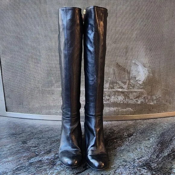 Michael Kors Black Tall Leather Wedge Boots With Gold Interior Zippers Size 5.5
