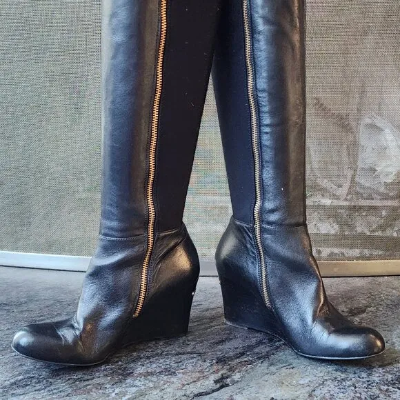 Michael Kors Black Tall Leather Wedge Boots With Gold Interior Zippers Size 5.5