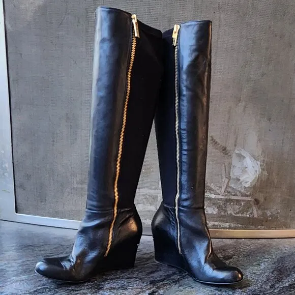 Michael Kors Black Tall Leather Wedge Boots With Gold Interior Zippers Size 5.5