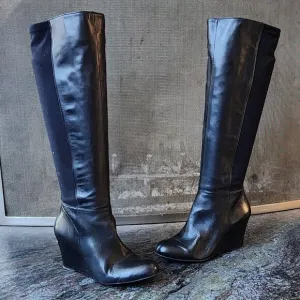 Michael Kors Black Tall Leather Wedge Boots With Gold Interior Zippers Size 5.5