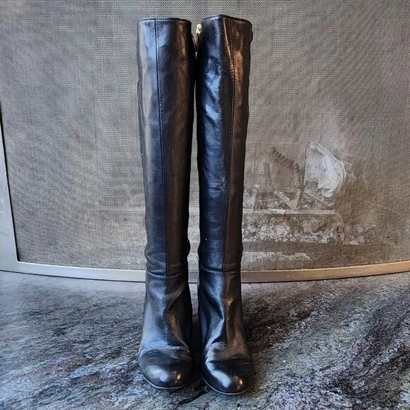 Michael Kors Black Tall Leather Wedge Boots With Gold Interior Zippers Size 5.5