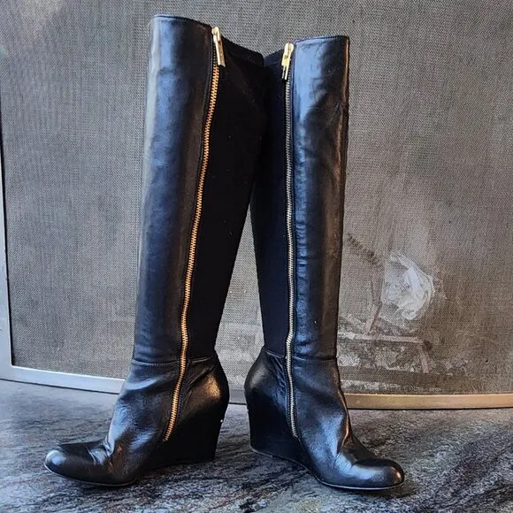 Michael Kors Black Tall Leather Wedge Boots With Gold Interior Zippers Size 5.5