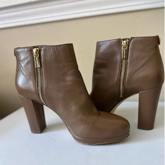 Michael Kors Boots Sammy Leather Platform Ankle Booties Brown Women's Size 8.5