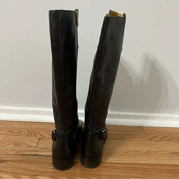 MICHAEL KORS Dark Brown TALL BOOTS w/Gold Button Detail &amp; Full Zip Size 7