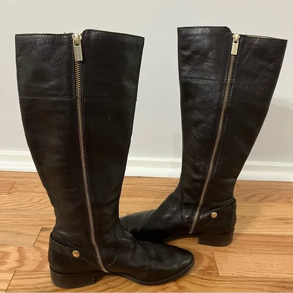 MICHAEL KORS Dark Brown TALL BOOTS w/Gold Button Detail &amp; Full Zip Size 7