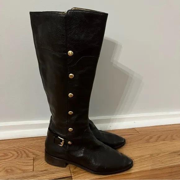 MICHAEL KORS Dark Brown TALL BOOTS w/Gold Button Detail &amp; Full Zip Size 7
