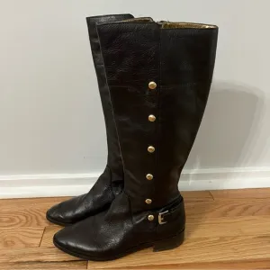 MICHAEL KORS Dark Brown TALL BOOTS w/Gold Button Detail &amp; Full Zip Size 7