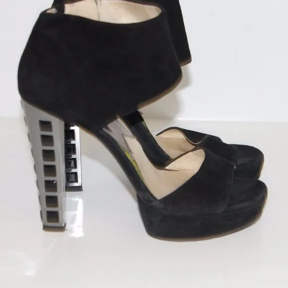 Michael Kors Embellished High Heel Black Suede Leather Platform Sandal Shoes 7 M