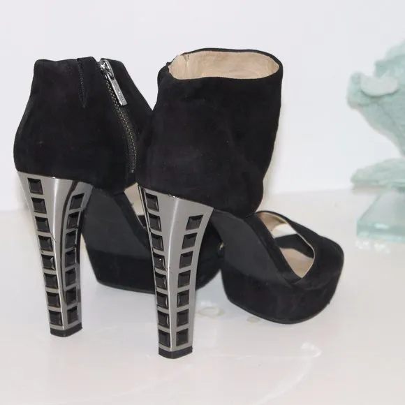 Michael Kors Embellished High Heel Black Suede Leather Platform Sandal Shoes 7 M