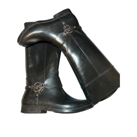 Michael Kors Fulton Harness Rubber Women's Black Rain Boots, Size 8