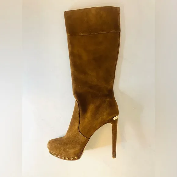 MICHAEL KORS Knee High Stiletto Heel Brown Suede Zip Up Tall Boots