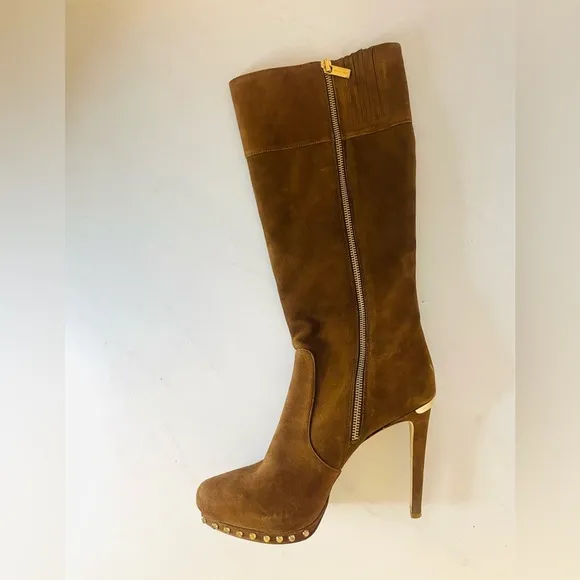 MICHAEL KORS Knee High Stiletto Heel Brown Suede Zip Up Tall Boots