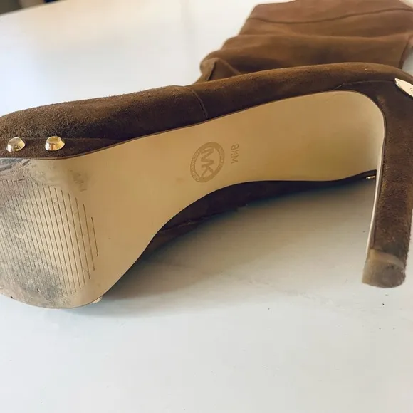 MICHAEL KORS Knee High Stiletto Heel Brown Suede Zip Up Tall Boots
